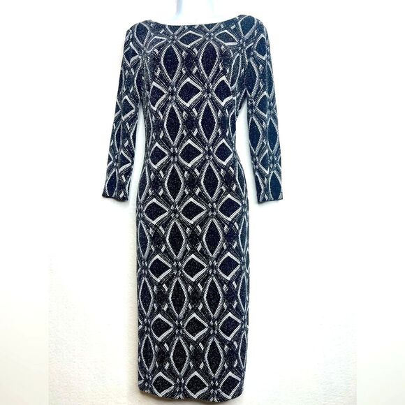 Fashion Gallery Black & White shimmer Geo stretch shift Dress bodycon Sz 8 - Picture 1 of 6